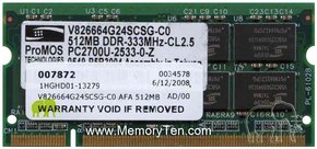 512MB 200p PC2700 CL2.5 16c 32x8 DDR SODIMM T005 
