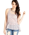 Juniors Top, Sleeveless Printed Peplum