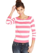 Juniors Top, Three-Quarter Sleeve Striped Pullover