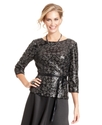 Top, Three-Quarter-Sleeve Sequin Belted