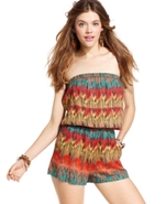 Juniors Romper, Strapless Tribal-Print Blouson