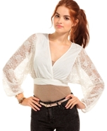 Juniors Top, Long Blouson Sleeve Cropped Lace