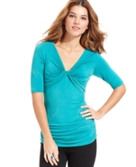 Top, Elbow-Sleeve Ruched V-Neck