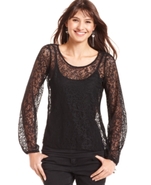 Juniors Top, Long Blouson Sleeve Crochet-Knit
