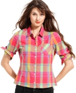 Juniors Top, Long Sleeve Plaid-Print Button-Down
