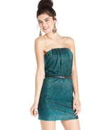 Juniors Dress, Strapless Pleated Metallic