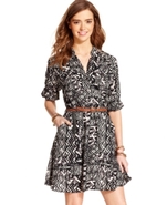 Juniors Dress, Three-Quarter Sleeve Printed A-Line