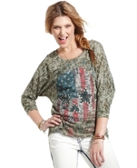 Juniors Top, Three-Quarter Dolman Sleeve Printed