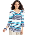 Top, Three-Quarter-Sleeve Striped Ruched