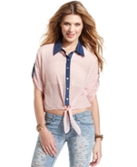 Juniors Top, Short Sleeve Denim Swiss-Dot Tie-Fron