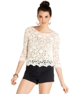 Juniors Top, Three-Quarter Sleeve Crochet-Knit