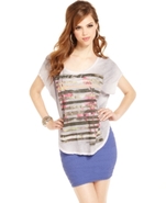 GUESS Top, Cap-Sleeve Printed Slouchy Tee