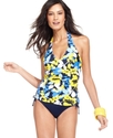 Swimsuit, Halter Ruched Tropical-Print Tankini Top