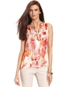 Top, Sleeveless Printed Tie-Neck Blouse