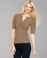Petite Sweater, Short-Sleeve Henley Rhinestone