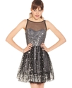 Juniors Dress, Sleeveless Mesh Paillettes