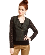Juniors Jacket, Lace-Sleeve Faux-Leather Motorcycl