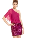 Juniors Dress, Batwing-Sleeve One-Shoulder Sequin