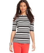 Top, Short-Sleeve High-Neck Striped