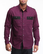 Men Kris Solid Suede Trim Button Down Shirt Maroon