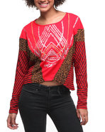 Women Mixed Fabric Printed Stripe Dolman Top Red X