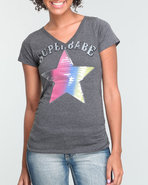 Women V-Neck Tee W/Print Grey Large