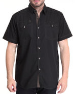 Mo7 Men S/S Solid Contrast Stitch Woven Black Medi