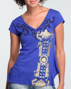 Women Double V Rouched Back Graphic Tee Purple Sma