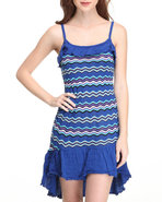 Women Hi-Low Hem Striped Knit Dress Blue Medium