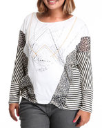 Women Mixed Fabric Printed Stripe Dolman Top (Plus