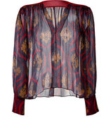 Midnight Blue Baroque Print Sheer Silk Top