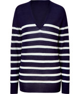 Navy/Ecru Striped V-Neck Sweater