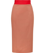 Nude Wool-Blend Pencil Skirt with Red-Orange Waist