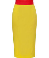 Yellow Wool-Blend Pencil Skirt with Red-Orange Wai
