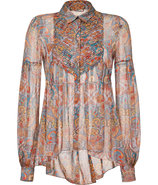 China Blue/Curry Printed Silk Peasant Top